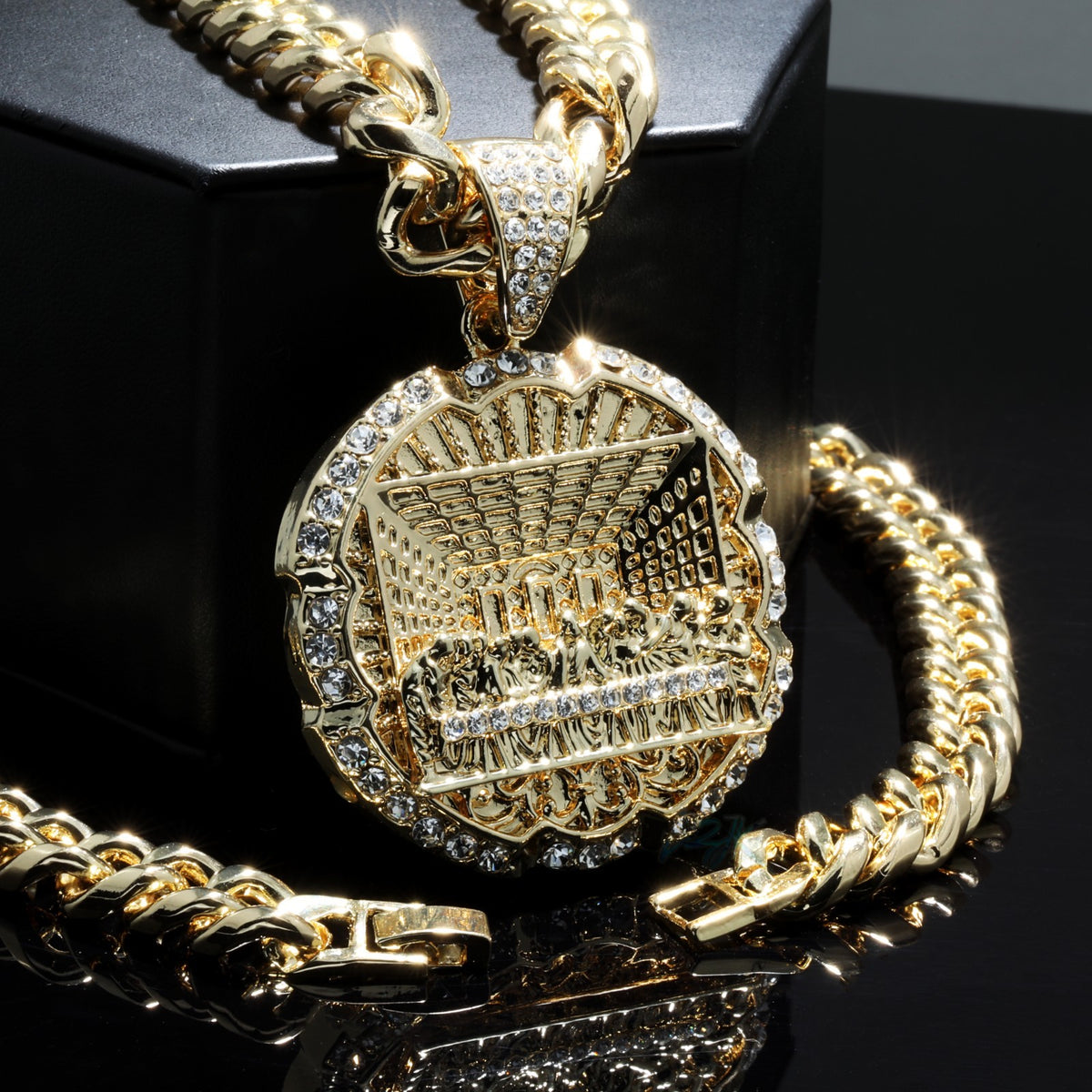 Xl Last Supper Pendant CZ Iced Cuban Necklace Chain 14k Gold