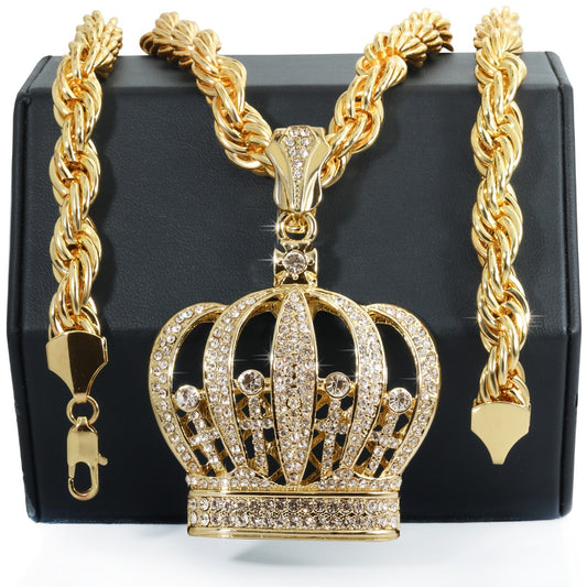 14k Rope Chain 10mm 20 & 24In Large Queen King Crown Gold Style