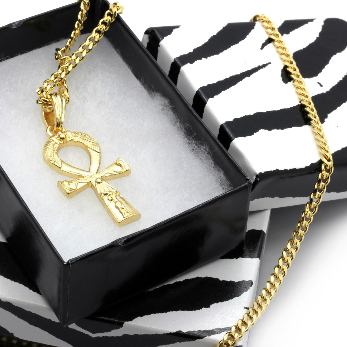 Men's 14k Gold All Gold Engrave Ankh Pendant 30" Cuban Chain