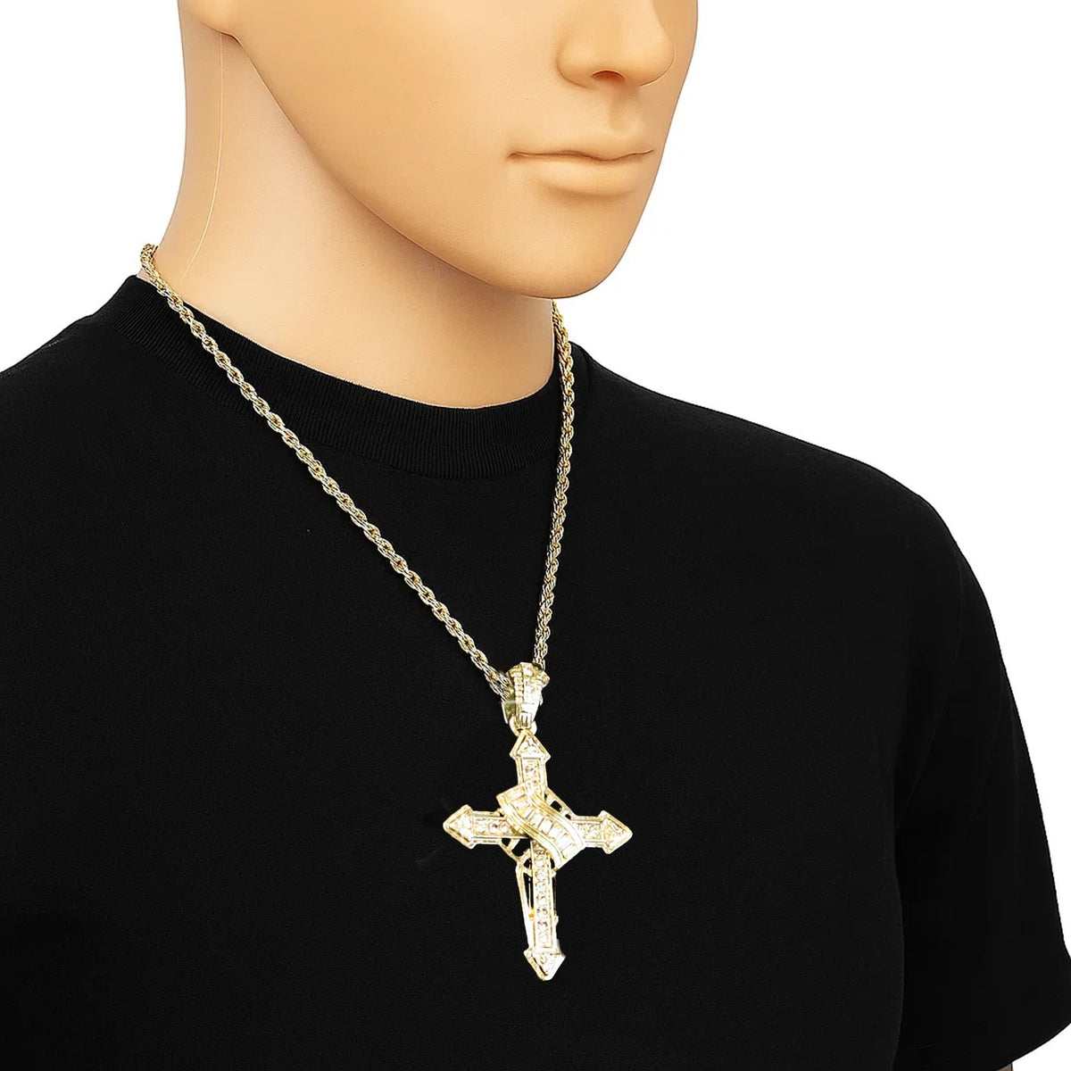 Iced Victorian Cross Pendant CZ 14k Gold Rope Chain for Men's