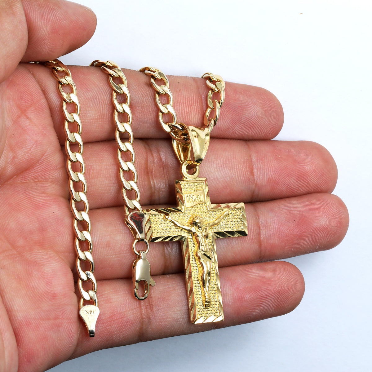 Inri Jesus Cross Charm Pendant 14k Gold 5mm 20" Cuban Choker Chain