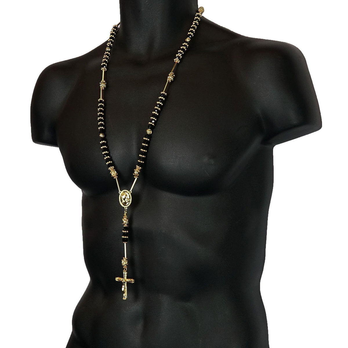 Men's 8mm Black Bead 14kt G.p Rosary Pray Hand & Jesus Cross Necklace