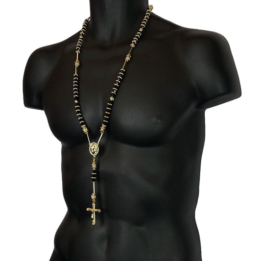 Men's 8mm Black Bead 14kt G.p Rosary Pray Hand & Jesus Cross Necklace