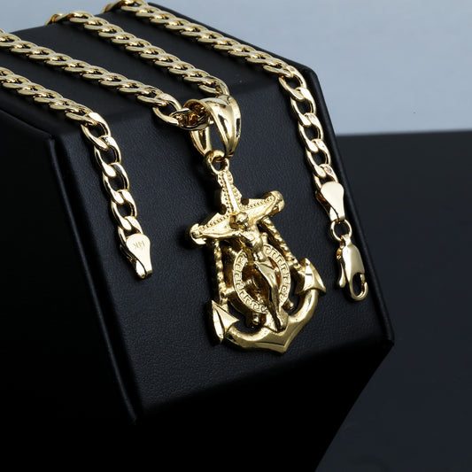 Jesus Anchor Charm Pendant 14k Gold 5mm 20" Cuban Choker Chain