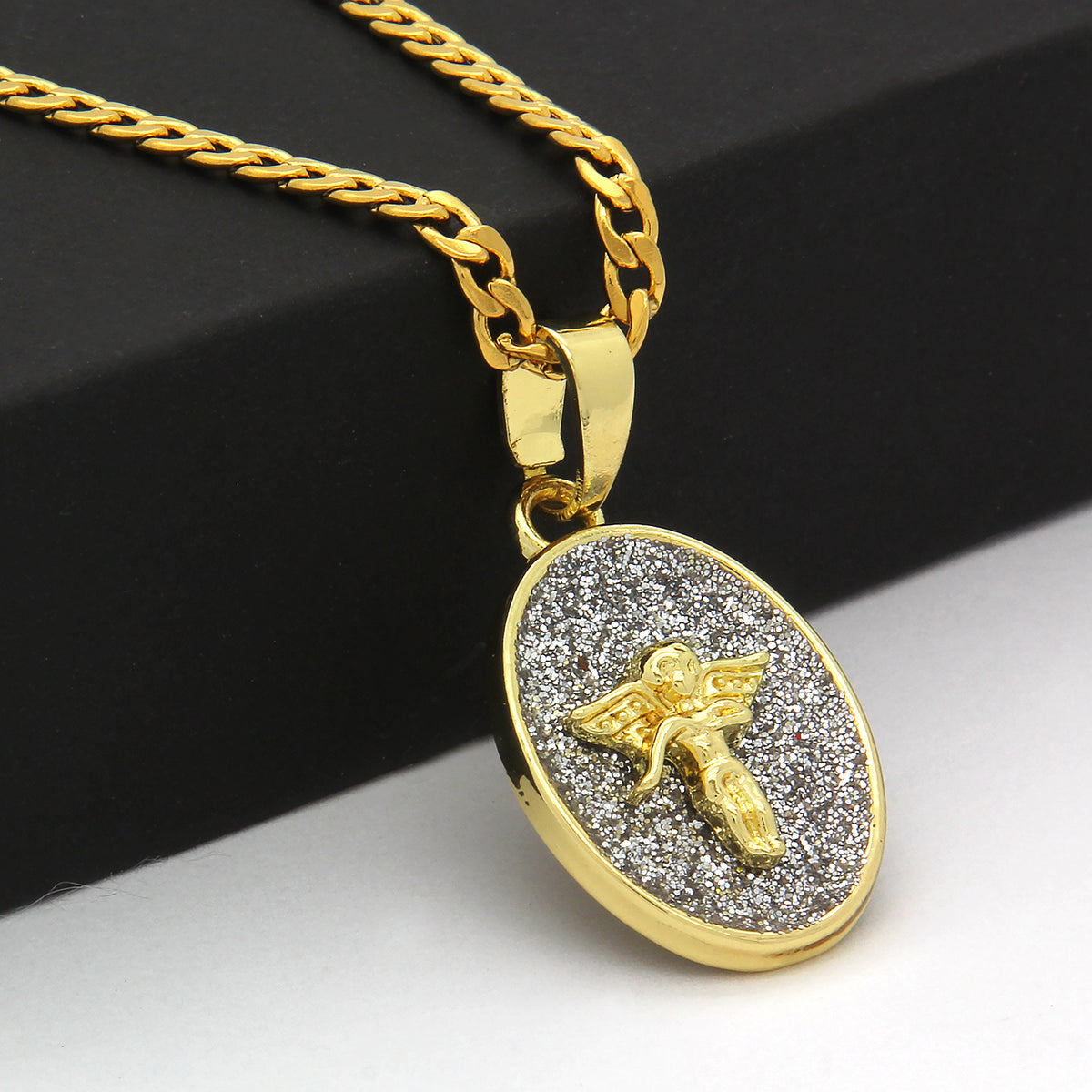 Oval Angel Iced CZ Pendant Gold Steel Cuban Chain