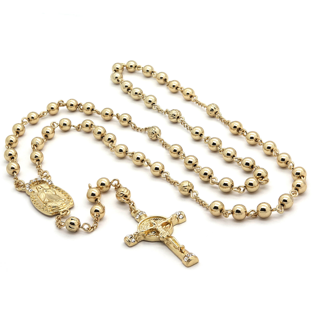 CZ 5mm Gold Beads 14k (Guadalupe) Rosary & Jesus Cross Men's