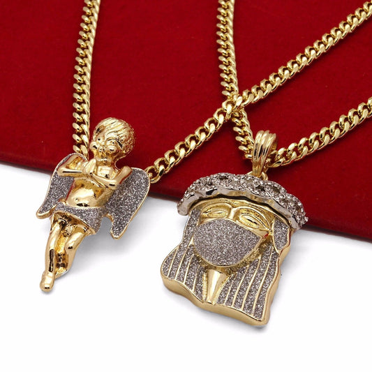 Gold High Jesus & Angel CZ 30" & 24" Cuban Chain