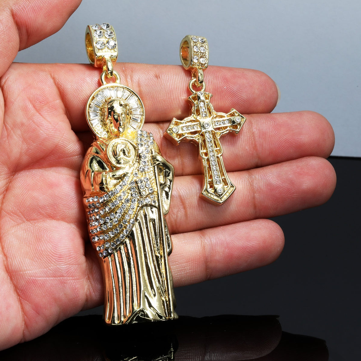 San Judas & Iced Hollow Sharp Cross CZ Gold 4mm Rope Chain