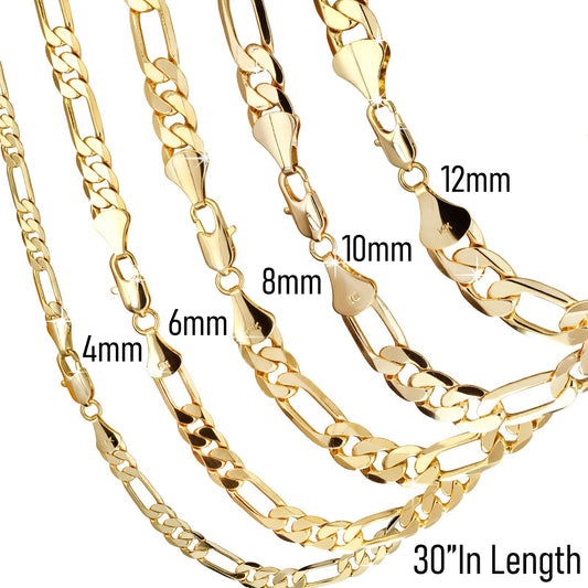 Figaro Chain Necklace Link 4mm to 12mm - 30" 14k Gold Men Jewelry