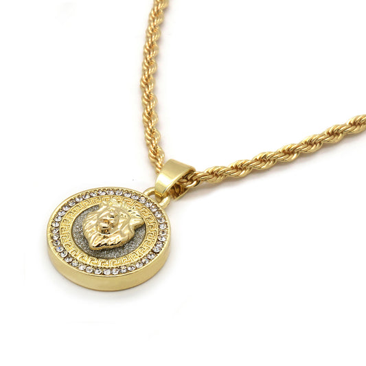 14k Gold Mini Round Lion Pendant 24" Rope Chain