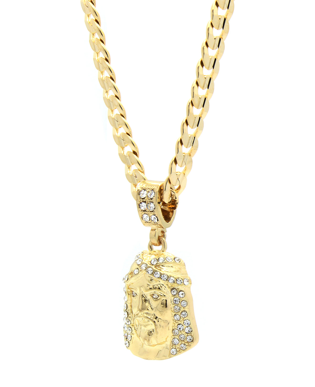 Men's 14k Gold Jesus Face Pendant CZ 24" Cuban Chain