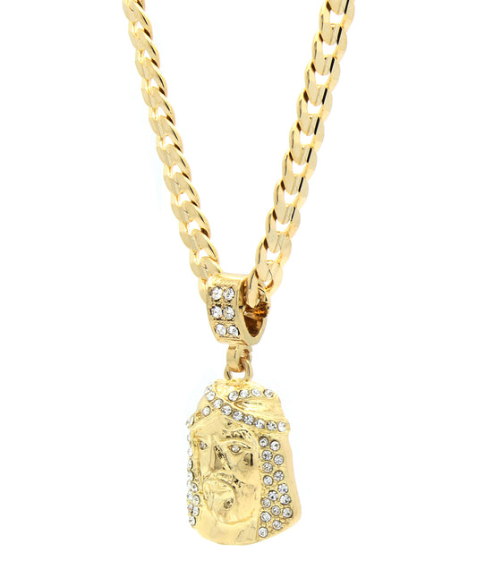 Men's 14k Gold Jesus Face Pendant CZ 24" Cuban Chain