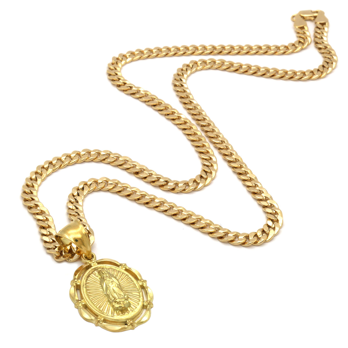 Men's 18k Gold Oval Guadalupe Pendant 5mm 24" Cuban Necklace Chain