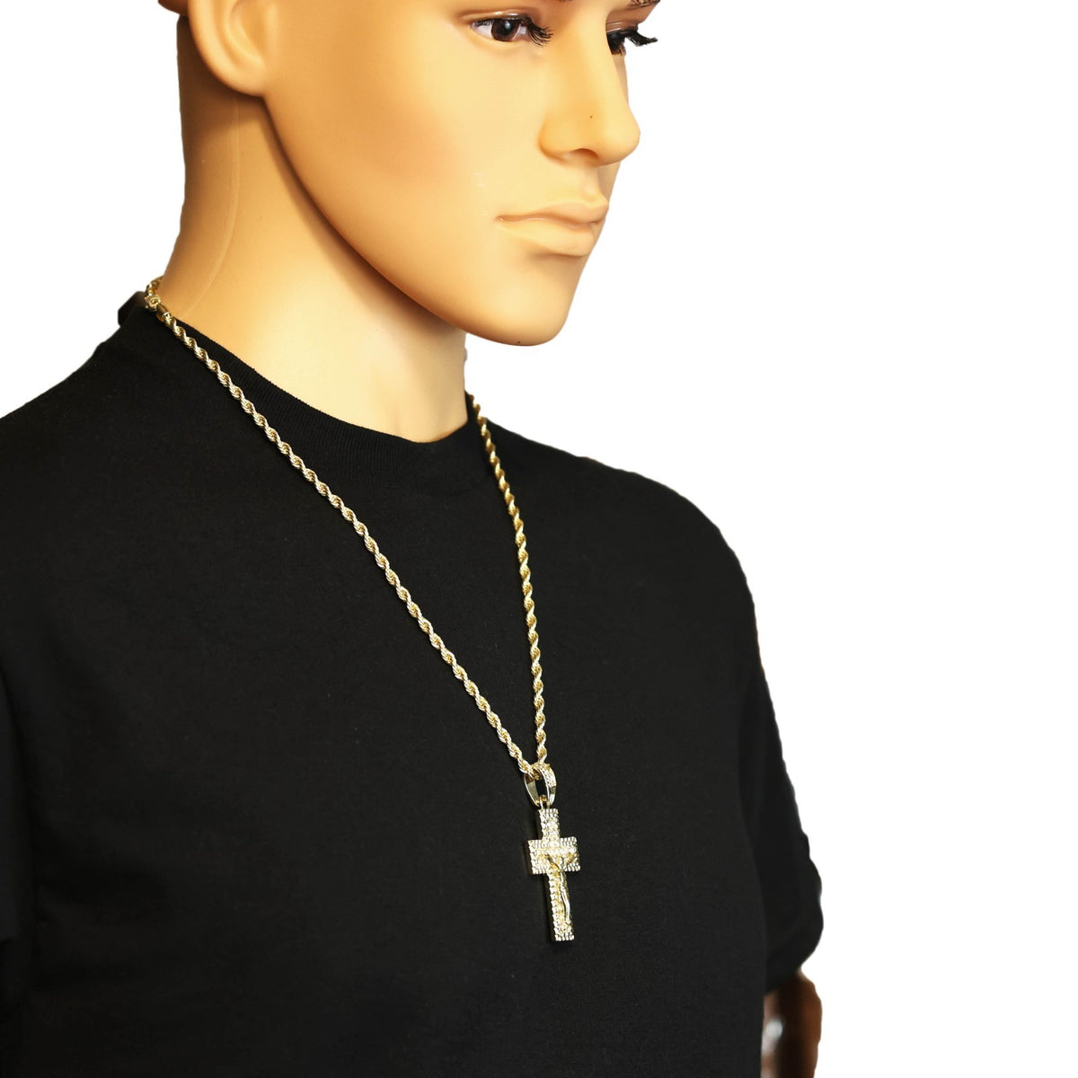 2 Row Iced Jesus Cross Pendant CZ 14k Gold Rope Chain for Men