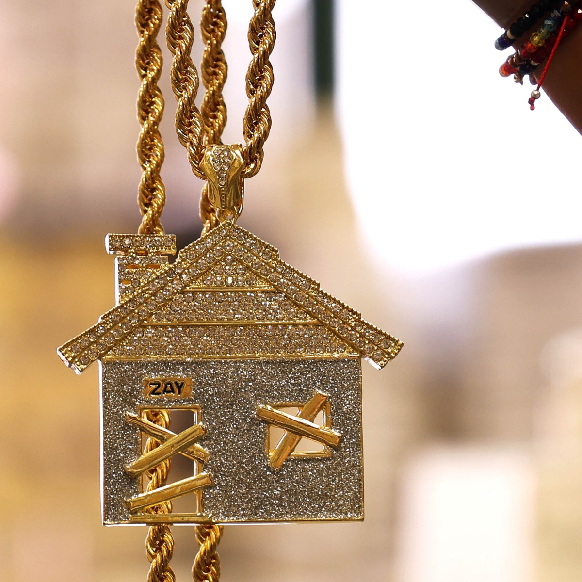 CZ House Trap Pendant Stardust 36" Rope Chain Jumbo Gold