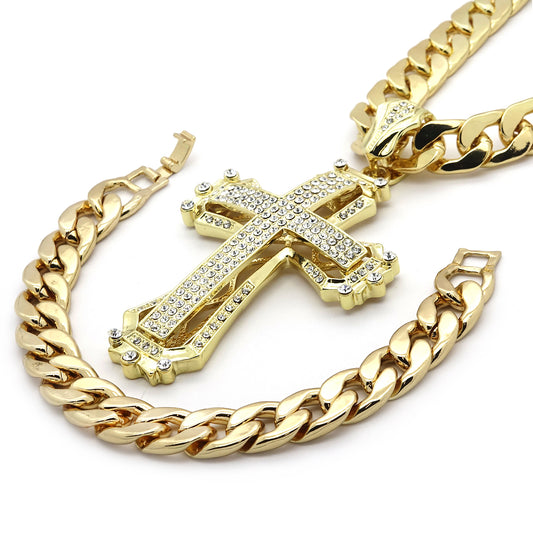 Gold Hollow Cross Iced CZ 30" Heavy Cuban Chain & Bracelet