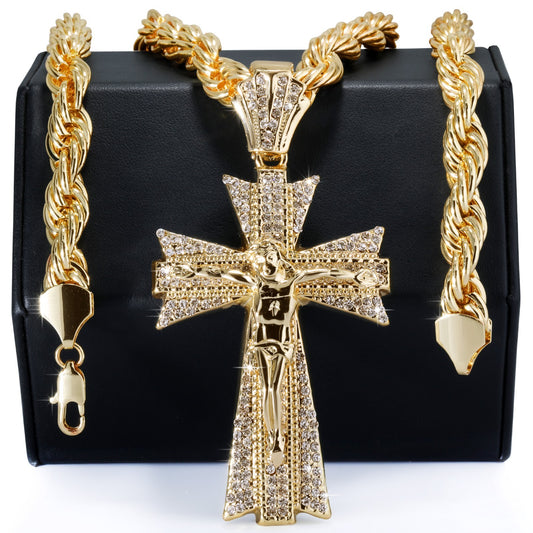 14k Rope Chain 10mm 20" & 24"In Large Latin Jesus Cross Gold