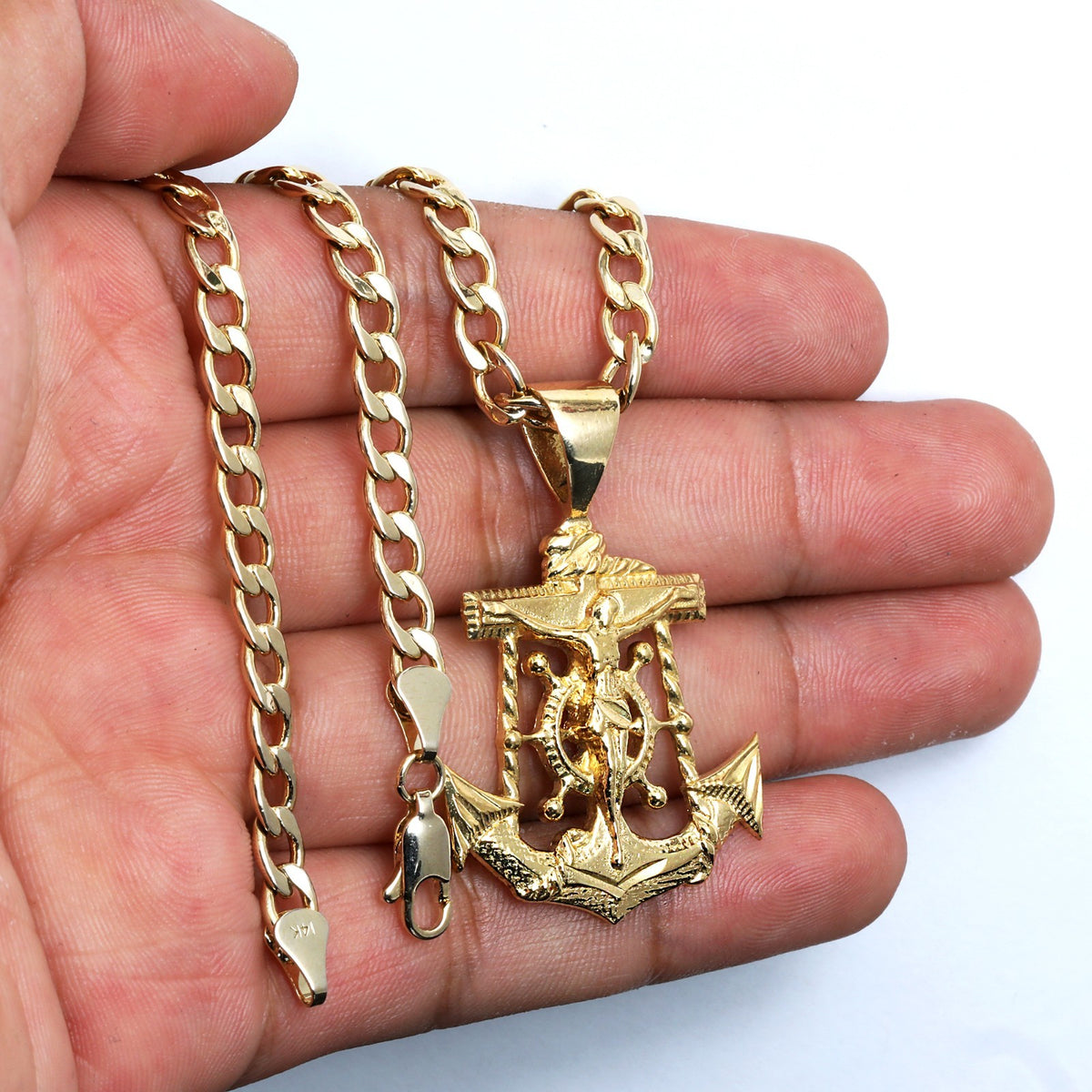 Anchor Jesus Charm Pendant 14k Gold 5mm 20" Cuban Choker Chain