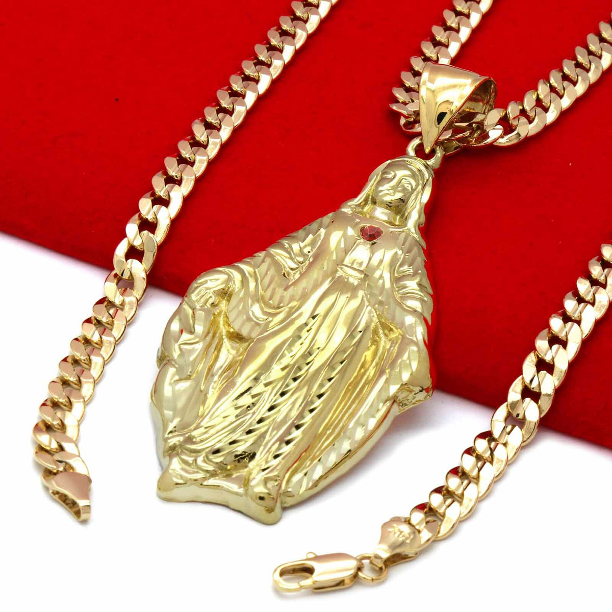 18k Gold Virgin Mary Religious Pendant CZ 24" Cuban Chain