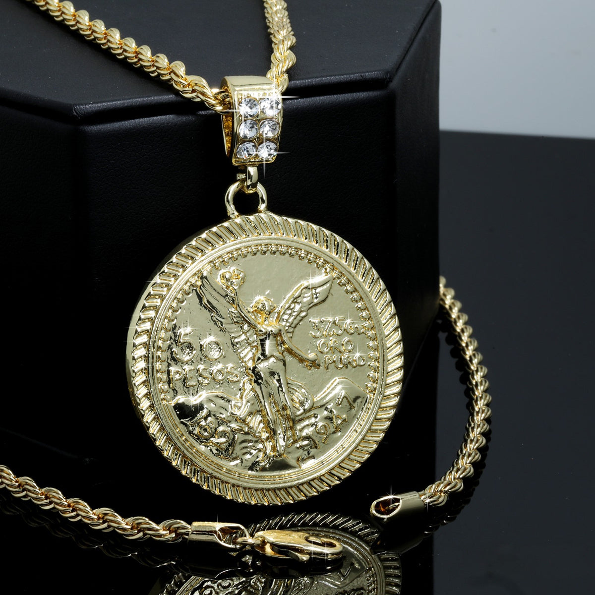 Centenario 50 Peso Pendant / 4mm Rope Twist Chain 14k Gold Men's & Women