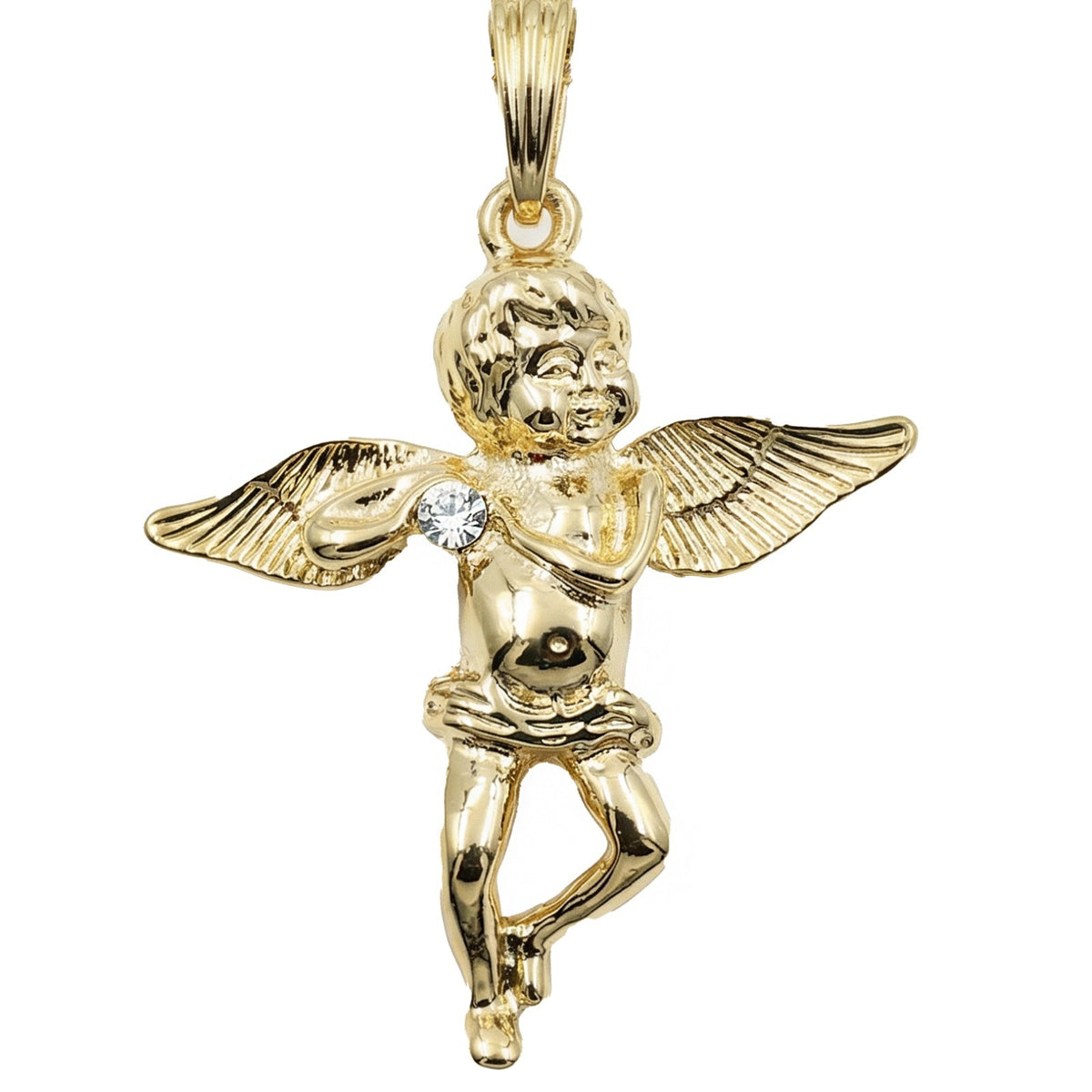 Gold Tone CZ Prayer Angel Cherub Pendant Necklace, 14k Gold Cuban Chain