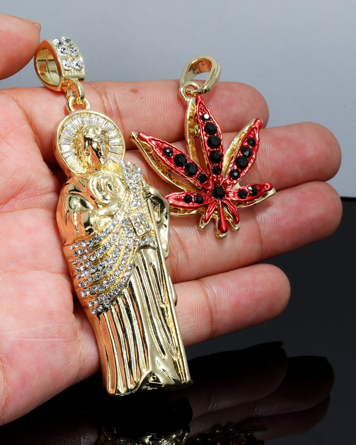 San Judas & Iced Red Marijuana Pendant CZ Gold 4mm Rope Chain