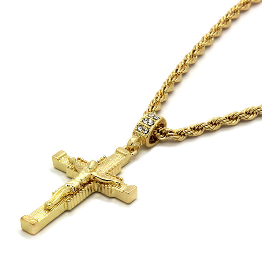 Men's 14k Gold Jesus Hanged Cross Pendant CZ 24" Rope Chain