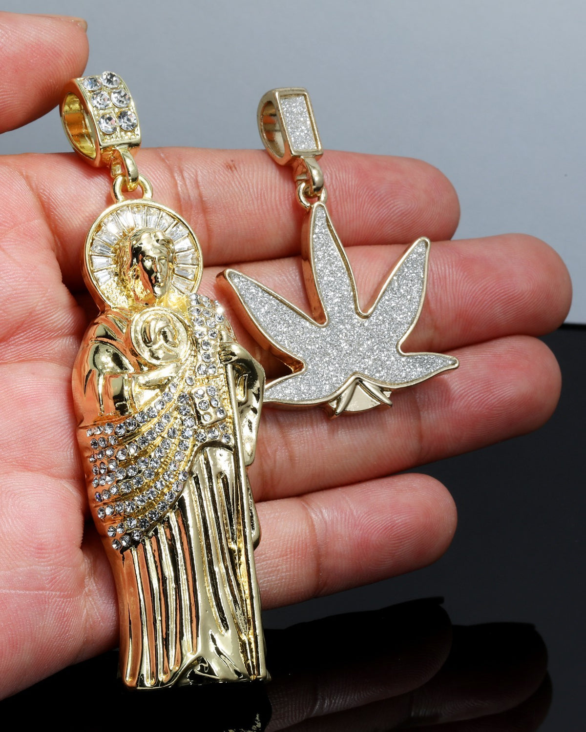 Iced San Judas & Marijuana Sst Pendant CZ Gold 4mm Rope Chain
