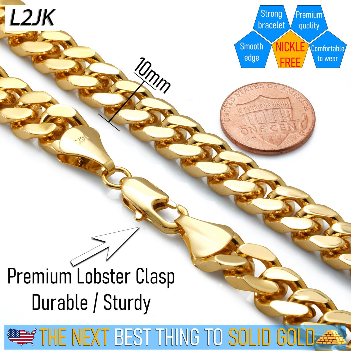Cuban Link Chain 10mm Bracelet 8.5"in 14k Gold Men