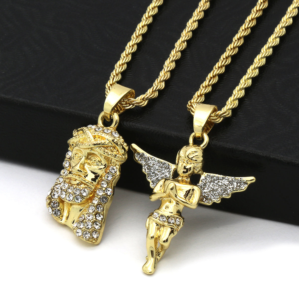 Men 14k Gold Jesus & Angel CZ 30" & 24" Rope Chain