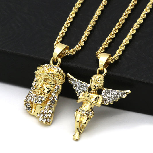 Men 14k Gold Jesus & Angel CZ 30" & 24" Rope Chain