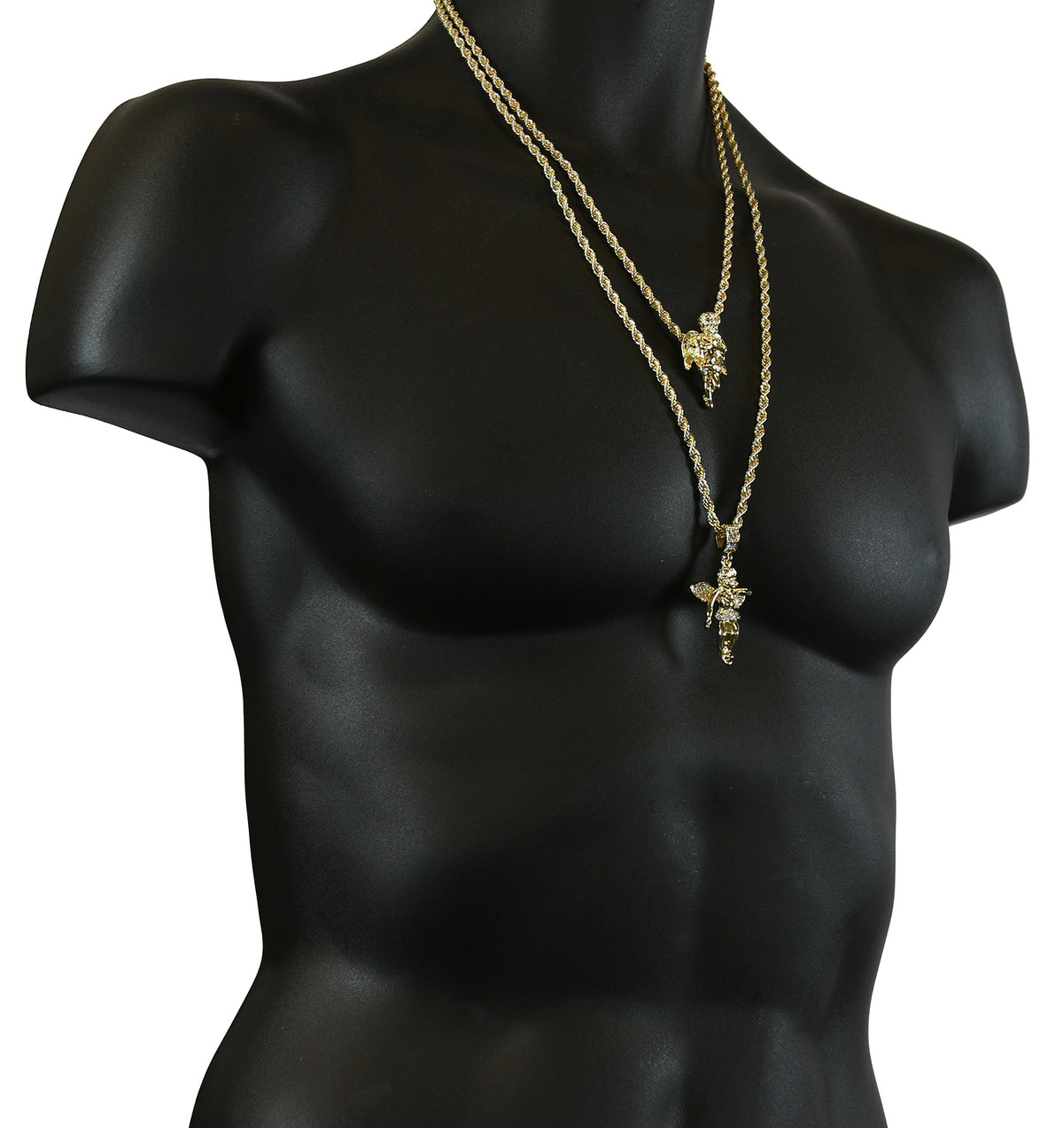 14k Gold High 2 Angels Pendant CZ 30"/24" Rope Chain