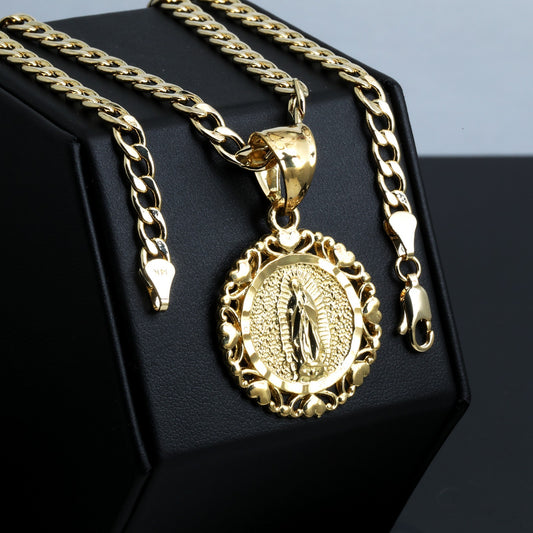 Heart Virgin Mary Charm Pendant 14k Gold 5mm 20" Cuban Choker Chain
