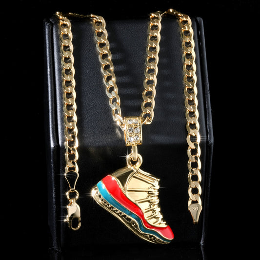 14k Cuban Chain Necklace 5mm A1r Blue & Cherry Basketball Gold