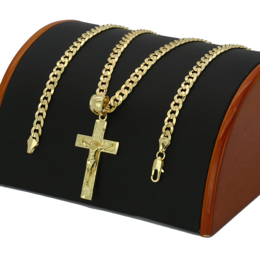 Men's 18k Gold Jesus Cross Pendant 6mm Cuban Chain Necklace (S-3)
