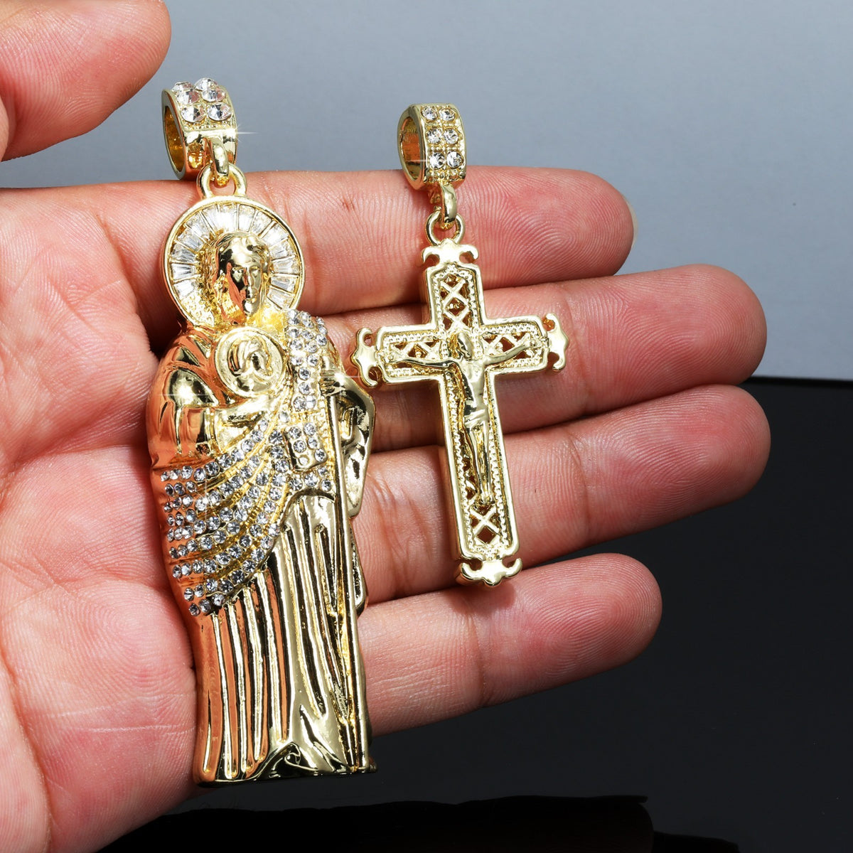 San Judas & Jesus Fleury Cross Iced CZ Gold 4mm Rope Chain
