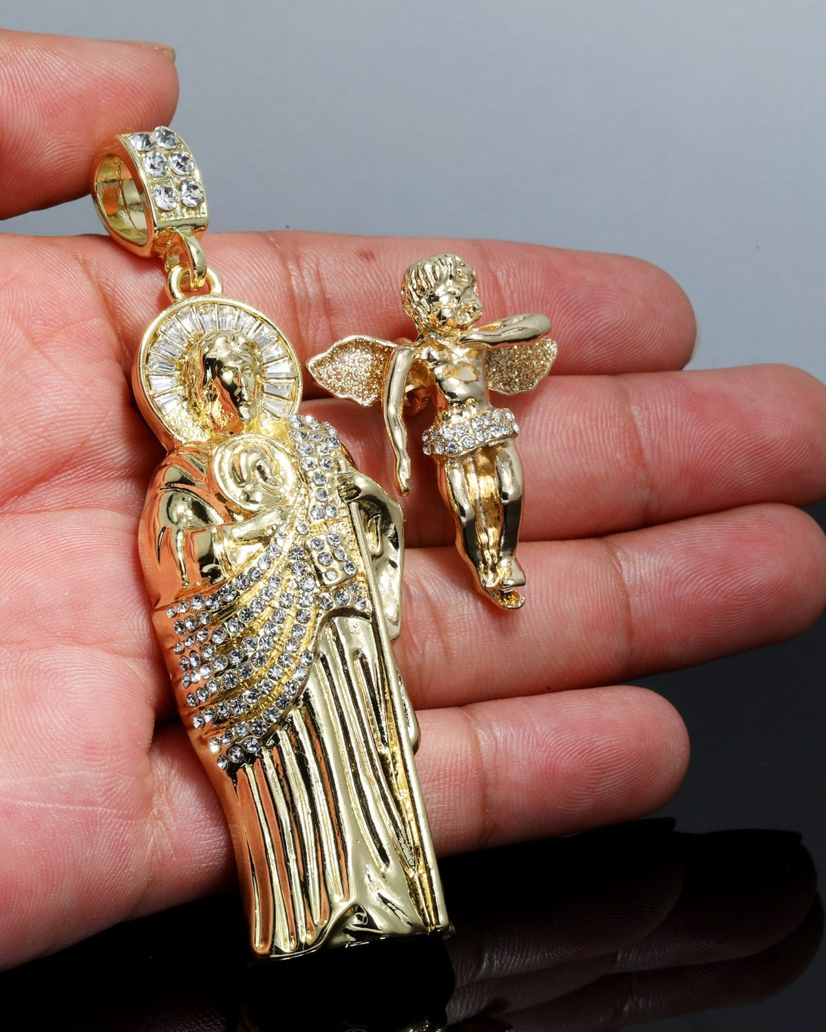 Iced San Judas & Dancing Angel Pendant CZ Gold 4mm Rope Chain