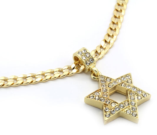 Men Gold Star of David Pendant Iced CZ 24" 6mm Cuban Chain