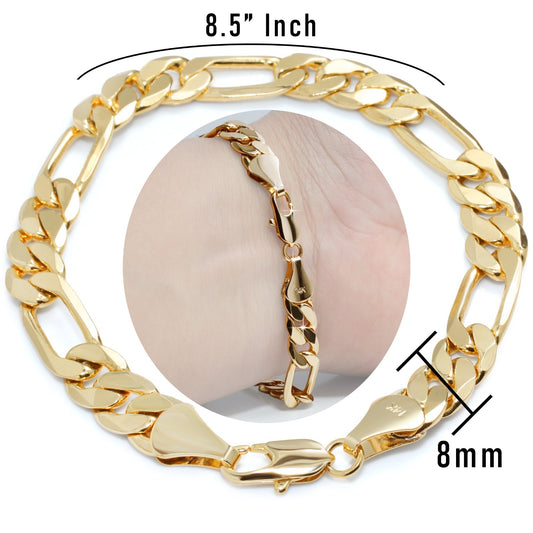Figaro Link Chain Bracelet 8mm 8.5" 14k Gold Men's