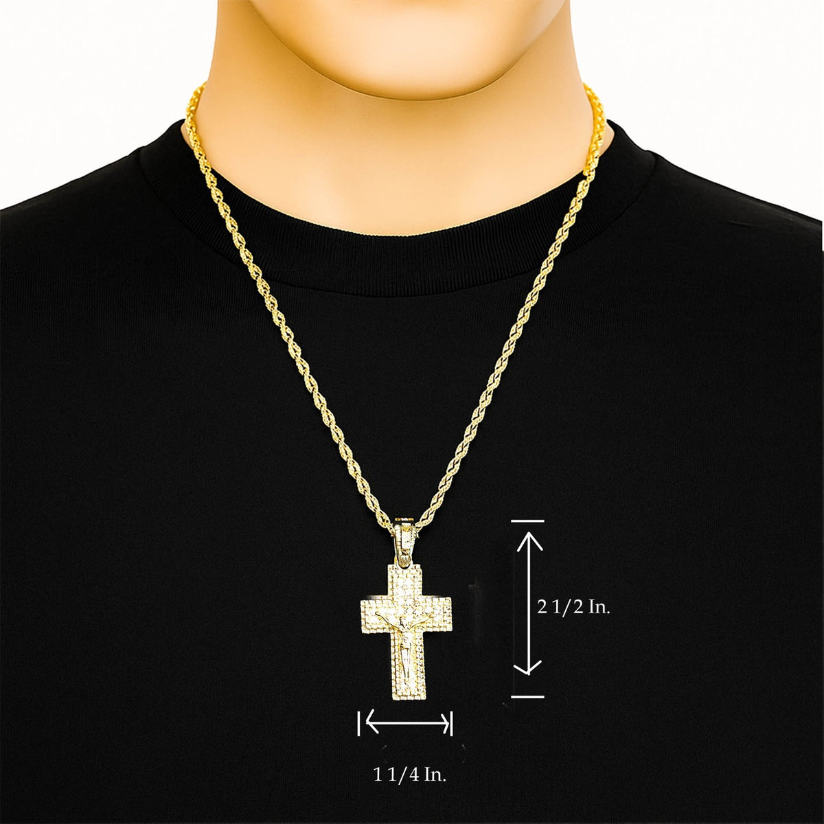 2 Row Iced Jesus Cross Pendant CZ 14k Gold Rope Chain for Men