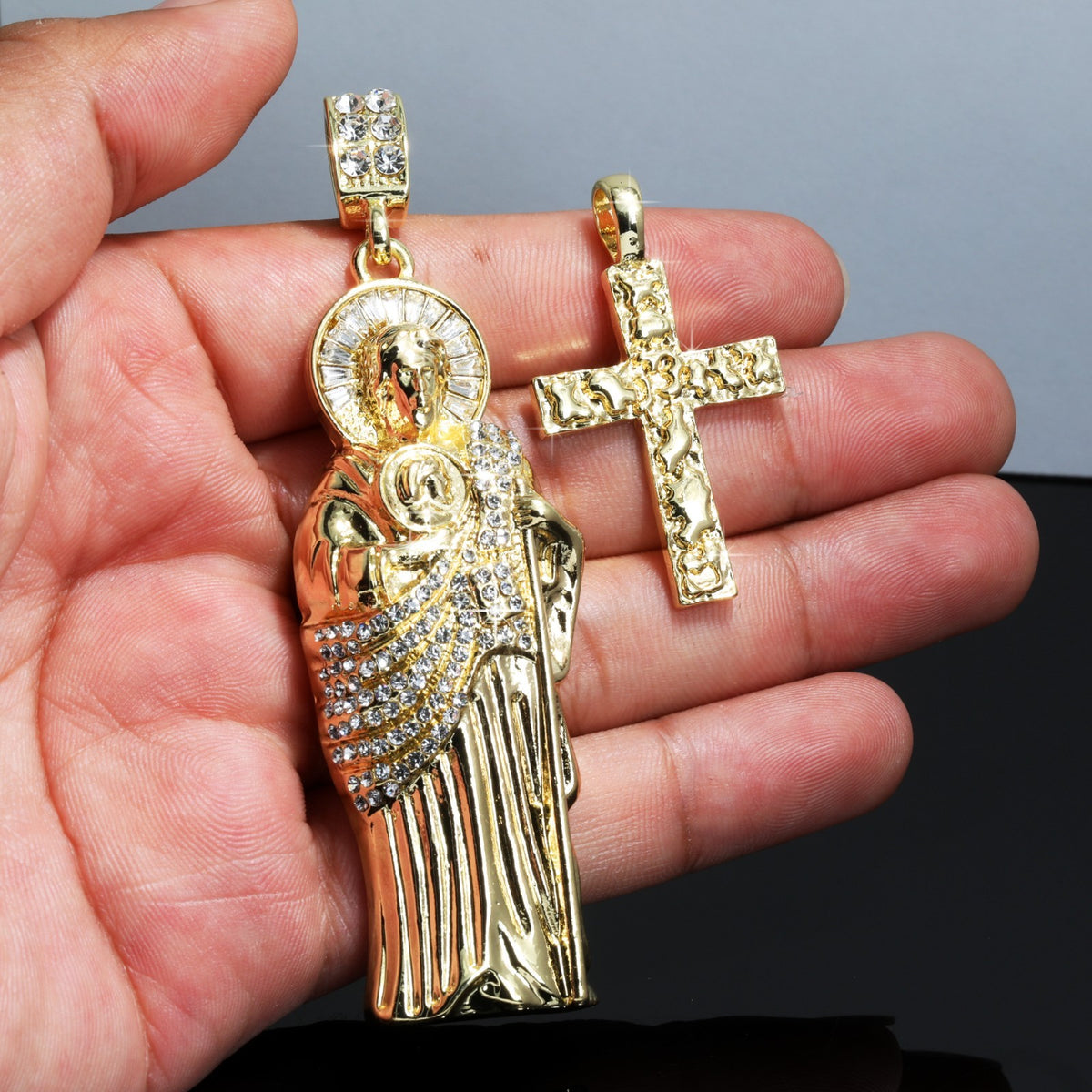 San Judas & Nugget Cross Iced CZ 14k Gold 4mm Rope Chain
