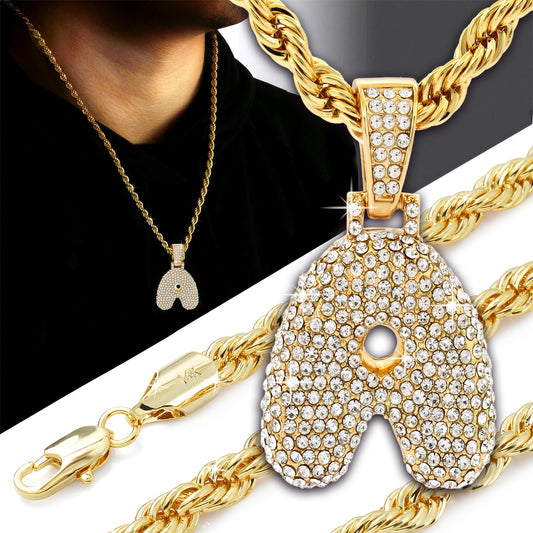 14k Rope Chain 4mm 20", 24" & 30"In Alphabet Bubble Letter Initial Gold