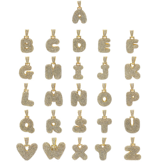 Alphabet Bubble Letter Pendant CZ 20"-36" Rope Chain 14k Gold