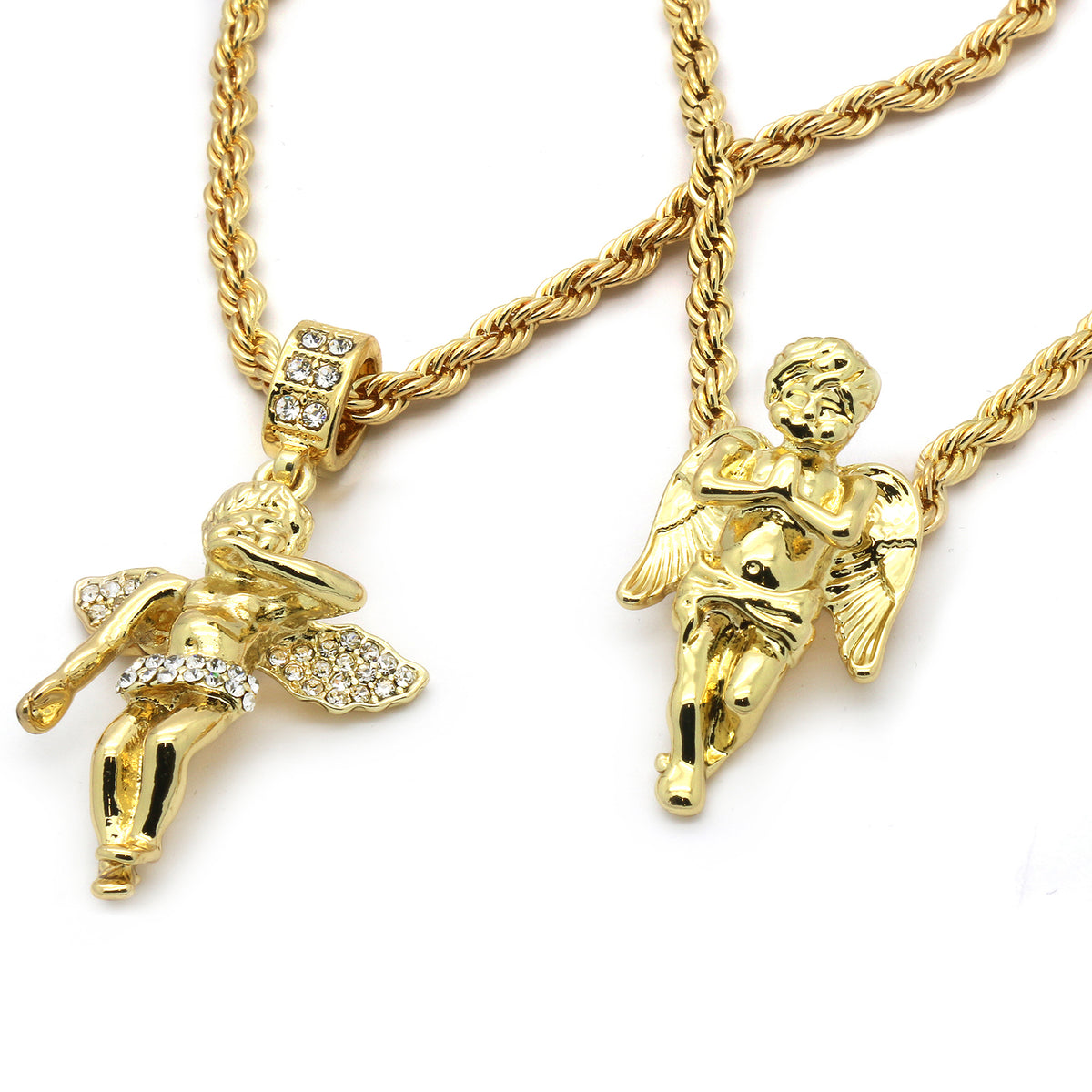 14k Gold High 2 Angels Pendant CZ 30"/24" Rope Chain