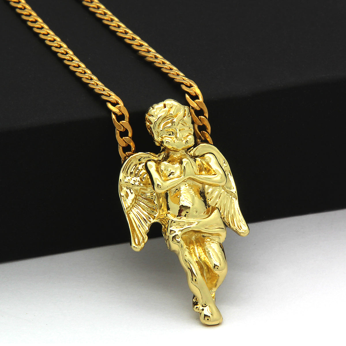 Men's and Women's Angel Prayer Pendant Gold Steel Cuban Necklace
