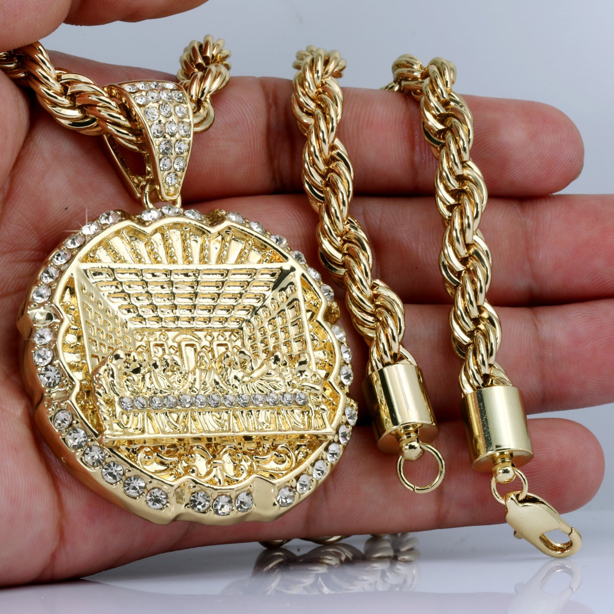 Last Supper Pendant & 7mm - 10mm 30" Men Rope Chain Necklace Gold