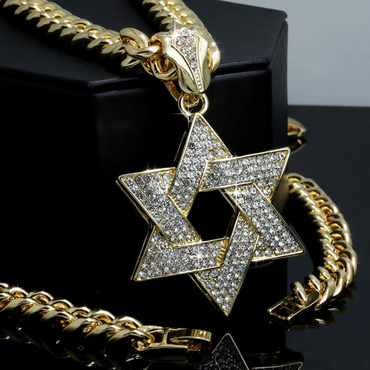 Thick Star of David Pendant Iced CZ 10mm Cuban Link Chain Gold