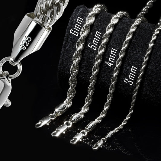 Rope Chain Necklace 3mm, 4mm, 5mm & 6mm - 20" 24" 30" Silver Men's Jewelry