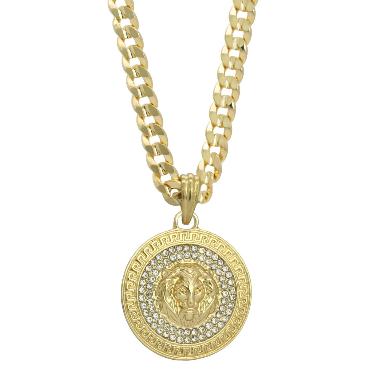 Men's 14k Gold Lion Medallion Pendant CZ 30" Cuban #98 Chain
