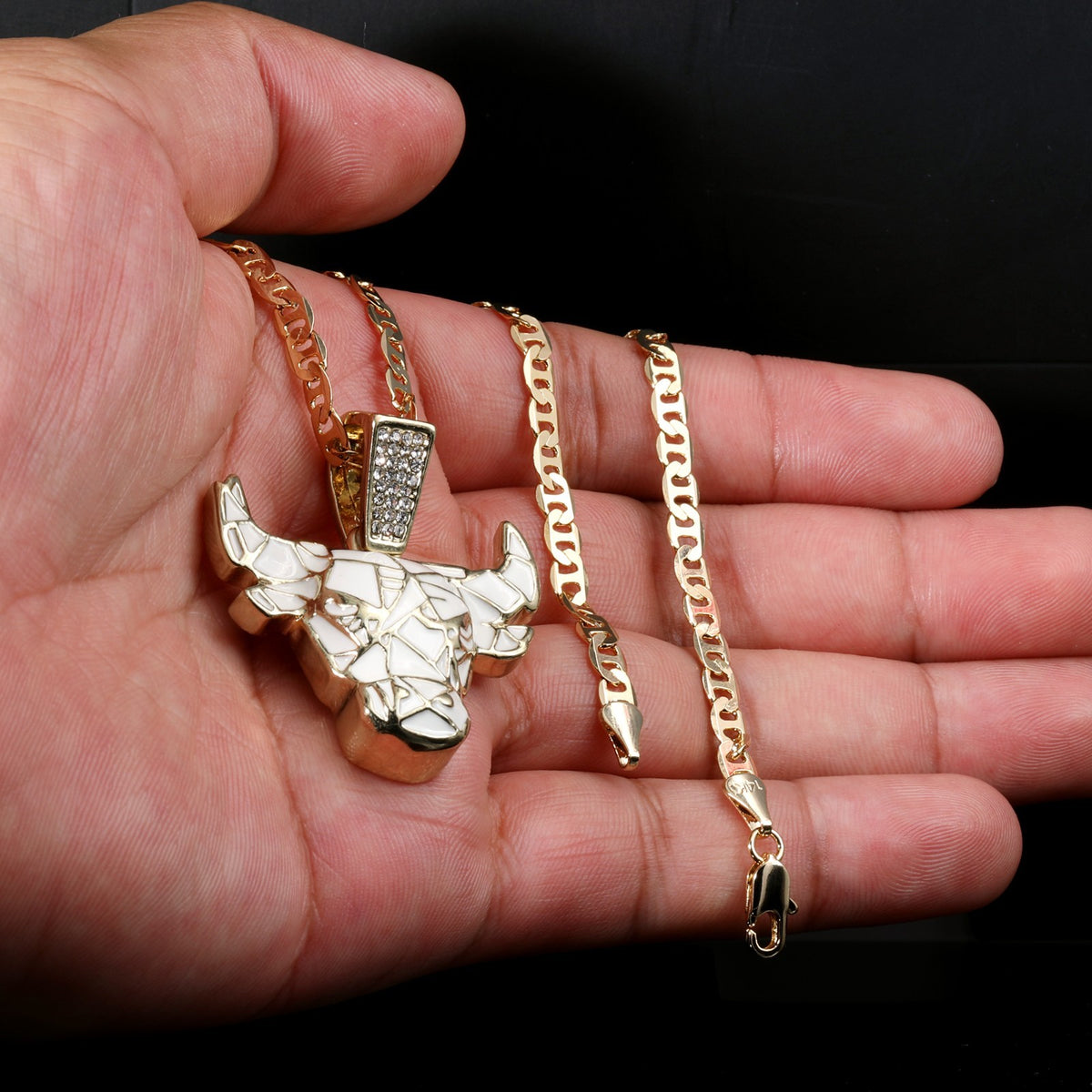14k Gold Flat Mariner Chain Necklace 20" Bull Taurus White Marble Gold